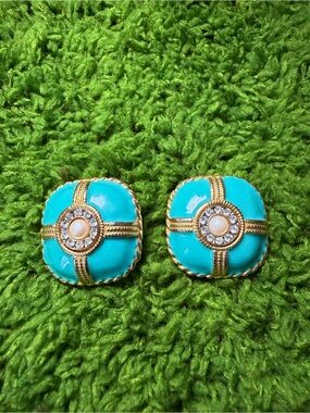 Gerard Yosca Vintage 1980 Runway Big Turquoise Enamel Rhinestone Goldtone Earing